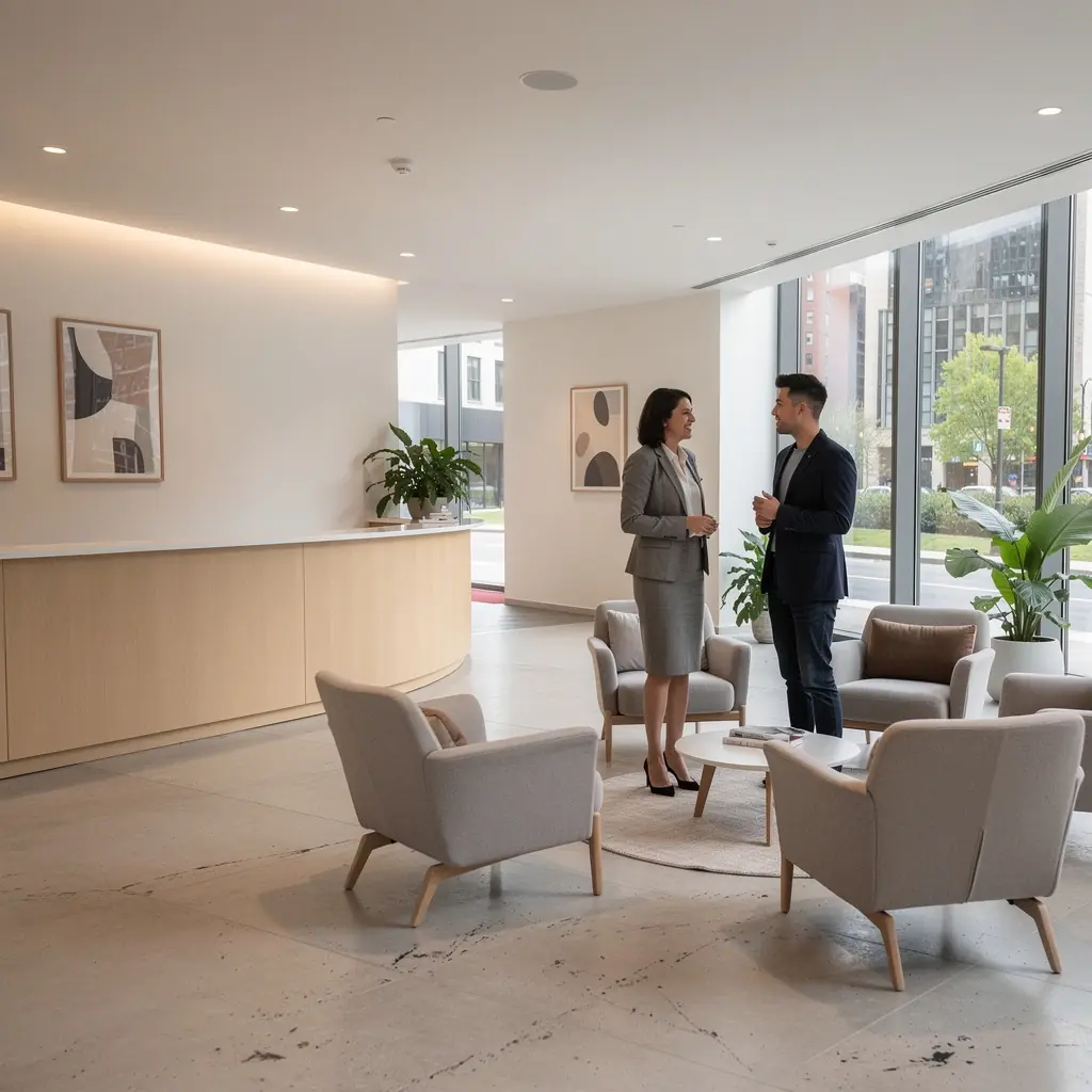 Sissepääsu ala, kus on stiilsed mööbliesemed ja soe valgustus, luues sõbraliku atmosfääri.