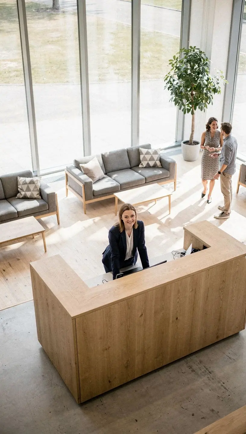 Moodne kontor, kus looduslik valgustus ja rohelised taimed aitavad luua inspireerivat töökeskkonda.